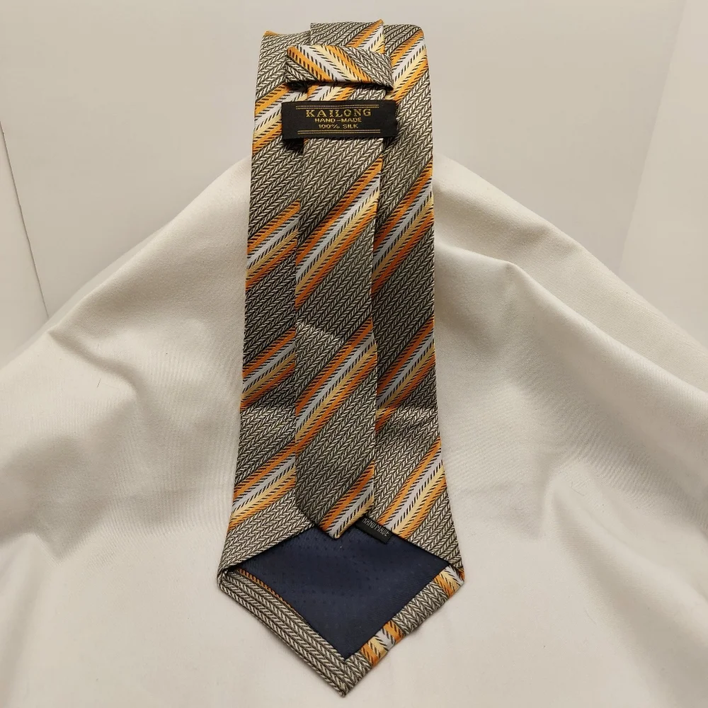 Kailong Tie Diagonal Striped‎ Blue Orange Yellow Necktie Silk Handmade 58